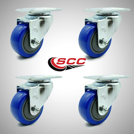 Service Caster 3 Inch SS Blue Polyurethane Wheel Swivel Top Plate Caster Set SCC-SS20S314-PPUB-BLUE-4